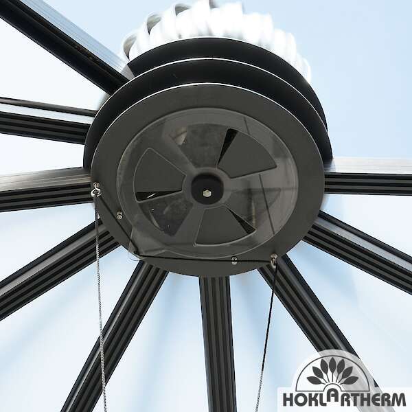 Der thermodynamische Windradlüfter im Pavillon Rondo sorgt für die nötige Luftzirkulation