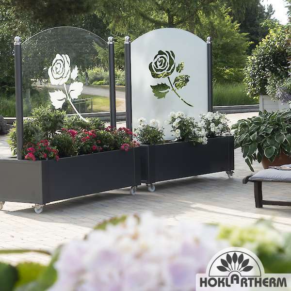 Das klare oder satinierte Glas der Windschutzelemente lässt sich mit verschiedenen Dekoren versehen - Flower-Line von Hoklartherm