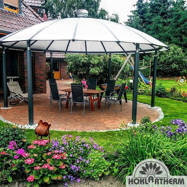 Round patio roof as a special construction in the garden